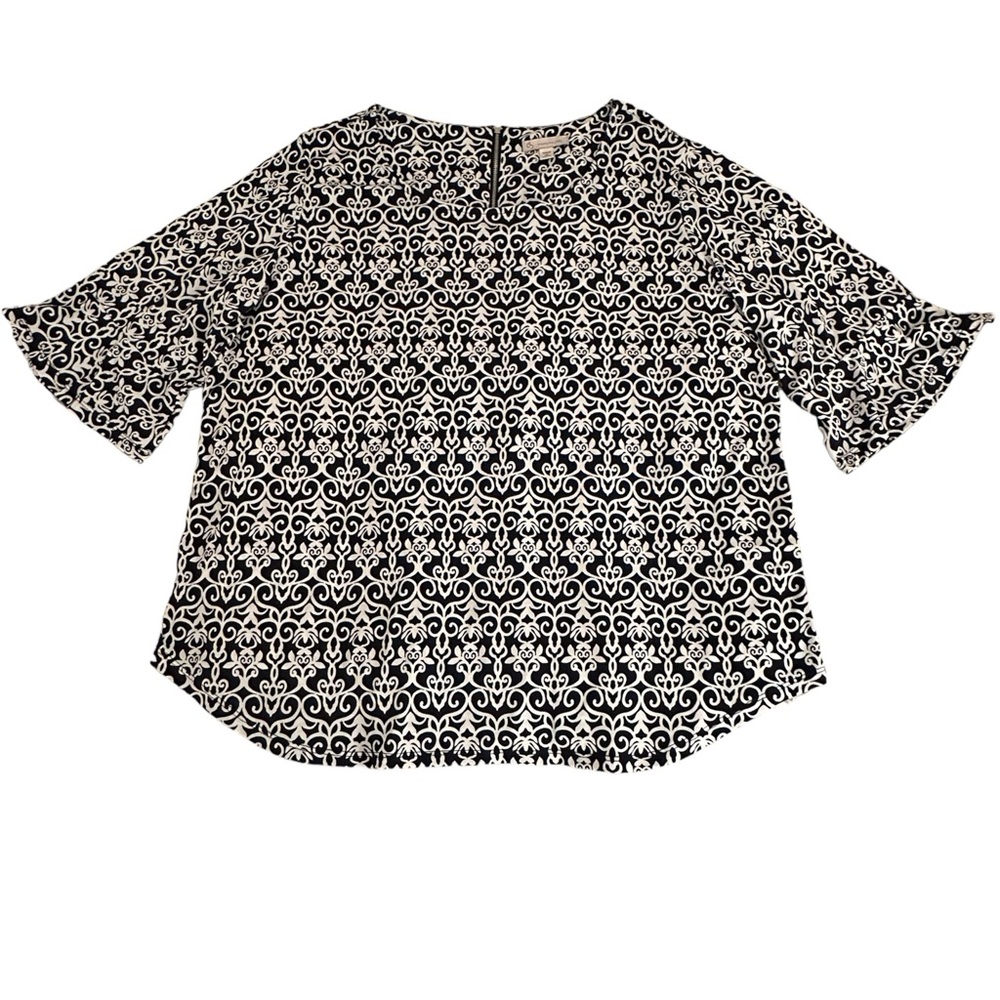 Dressbarn Dark Navy & White Damask Print Flounce Sleeve Blouse Size 2X